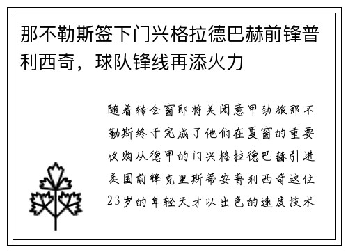 那不勒斯签下门兴格拉德巴赫前锋普利西奇，球队锋线再添火力