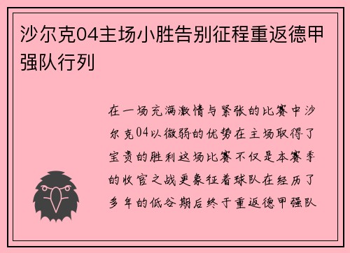 沙尔克04主场小胜告别征程重返德甲强队行列