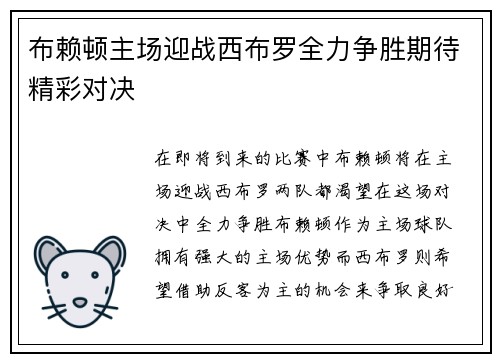 布赖顿主场迎战西布罗全力争胜期待精彩对决