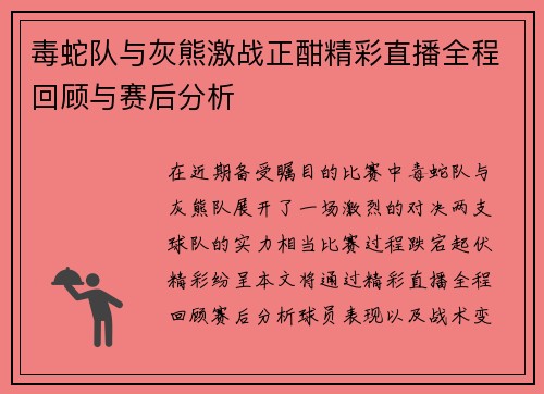 毒蛇队与灰熊激战正酣精彩直播全程回顾与赛后分析