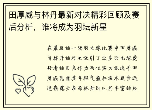 田厚威与林丹最新对决精彩回顾及赛后分析，谁将成为羽坛新星