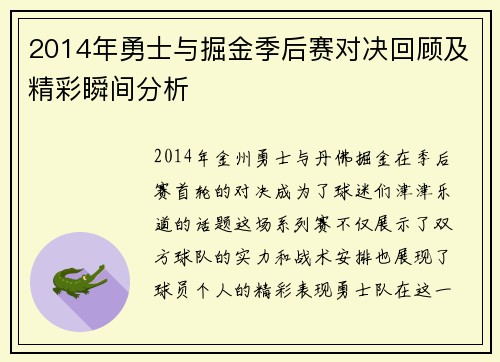 2014年勇士与掘金季后赛对决回顾及精彩瞬间分析