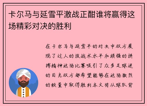 卡尔马与延雪平激战正酣谁将赢得这场精彩对决的胜利