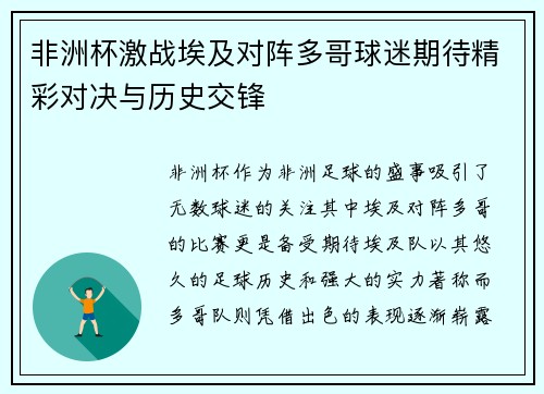 非洲杯激战埃及对阵多哥球迷期待精彩对决与历史交锋