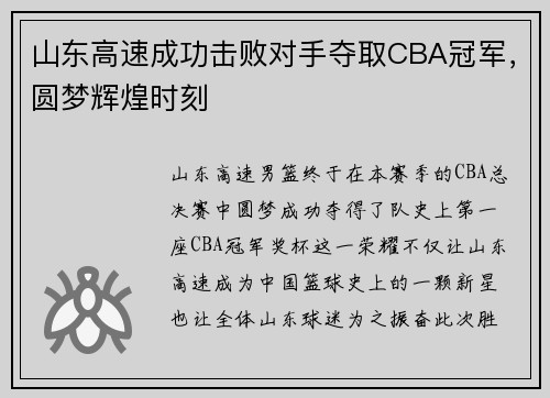 山东高速成功击败对手夺取CBA冠军，圆梦辉煌时刻