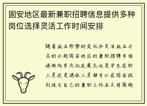 固安地区最新兼职招聘信息提供多种岗位选择灵活工作时间安排