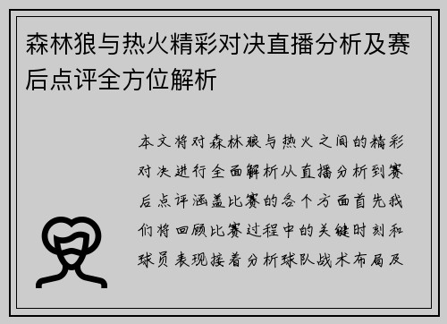 森林狼与热火精彩对决直播分析及赛后点评全方位解析