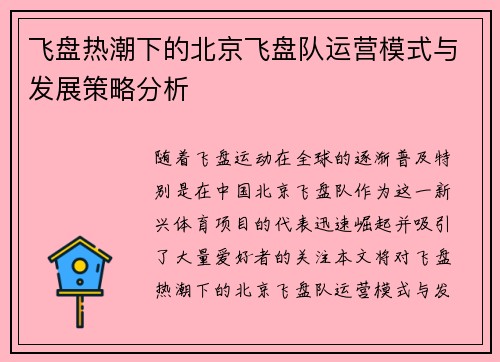飞盘热潮下的北京飞盘队运营模式与发展策略分析