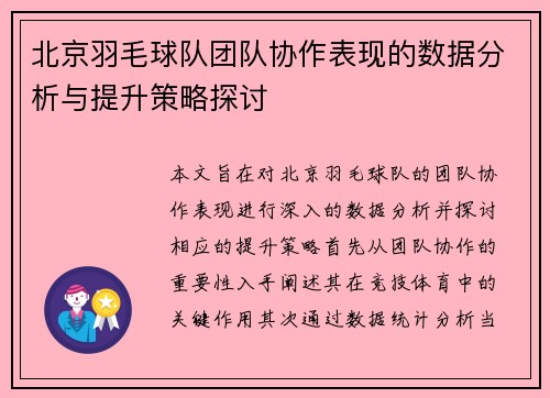 北京羽毛球队团队协作表现的数据分析与提升策略探讨