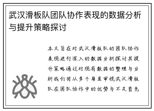 武汉滑板队团队协作表现的数据分析与提升策略探讨