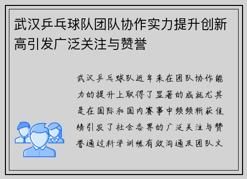 武汉乒乓球队团队协作实力提升创新高引发广泛关注与赞誉